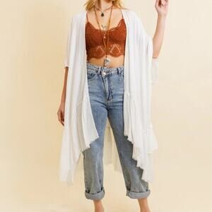 Ruffle Edge Bohemian Lightweight Flowing Kimono Wrap Cover Up Ivory
